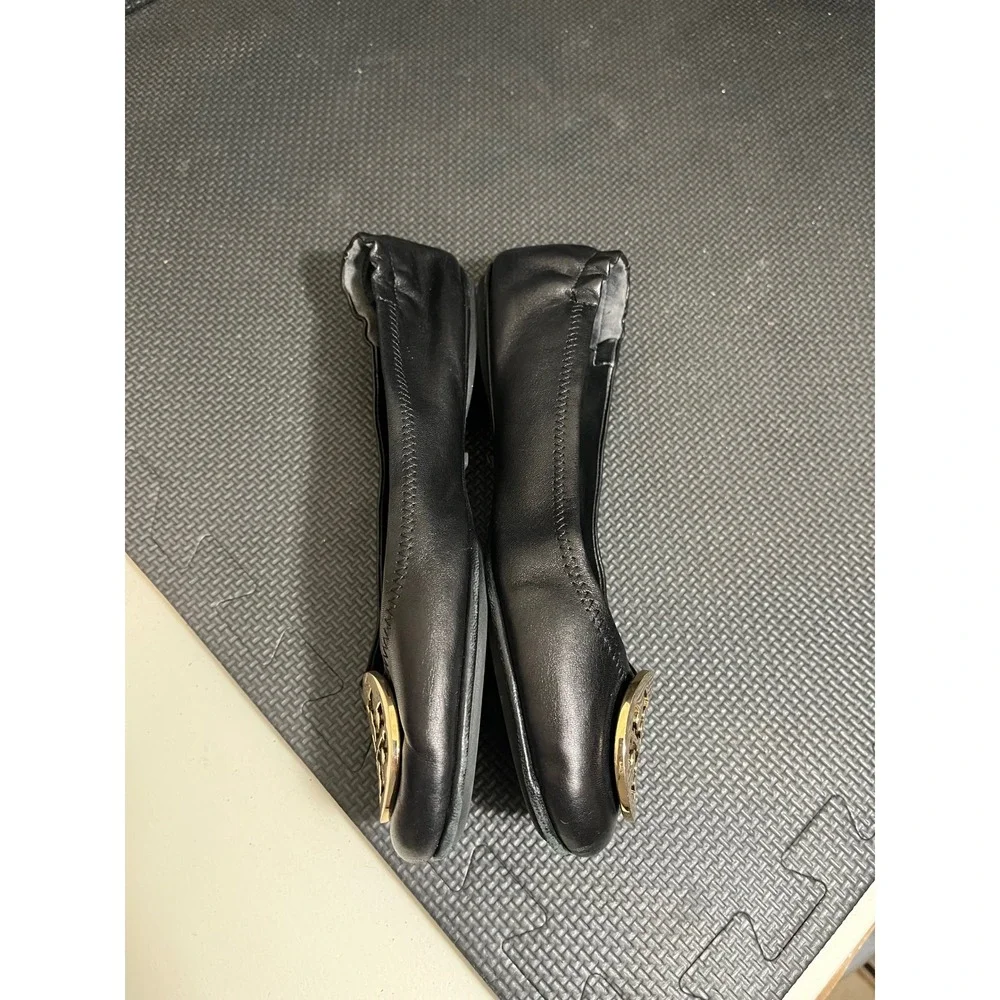 Tory Burch Minnie Travel Ballet Flats 7.5M Black‎ Gold Logo Leather Medallion